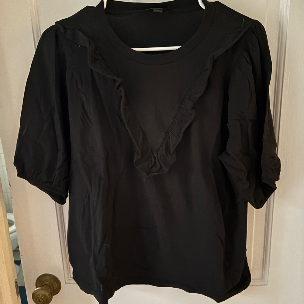 J. Crew Black Ruffle V-Neck Puff Sleeve Blouse